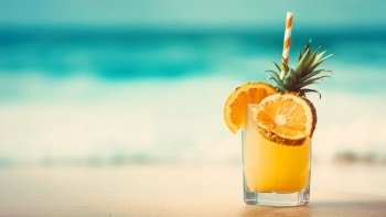 Glass with cocktail with pineapple on the beach. Summer vacation concept. Created with generative Ai technology.