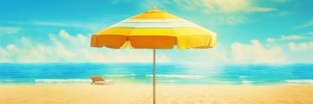 Umbrella and deck chair on stunning tropical beach. Summer vacation background. Created with generative Ai technology.