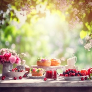 Various berries on wooden table in garden. Summer breakfast background. Created with generative Ai technology.