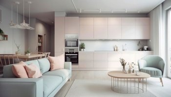 Studio apartment in pastel colors. Interior design of modern living room. Created with generative AI technology.