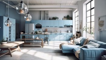 Blue kitchen in loft. Interior design of modern living room. Created with generative AI technology.