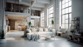 White loft interior design of modern living room. Created with generative AI technology.