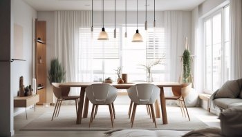 Stunning scandinavian interior design of modern dining room. Created with generative AI technology.