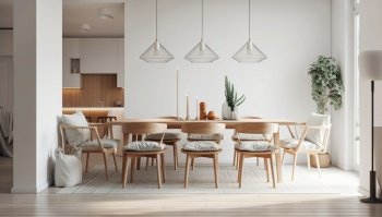 Gorgeous interior design of modern dining room. Created with generative AI technology.