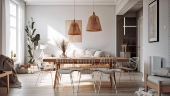 Scandinavian interior design of modern dining room. Created with generative AI technology.