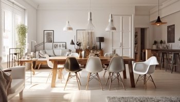 Rustic interior design of modern dining room. Created with generative AI technology.