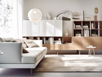 Contemporary wall unit with books and white sofa. Interior design of modern living room. Created with generative AI technology.