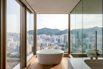 City view behind panoramic window and white bath tub against it.Interior design of modern bathroom. Created with generative AI technology.