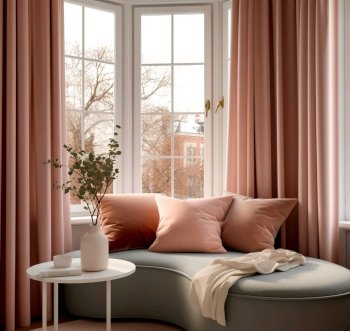 Loveseat with coral cushions against french window. Interior design of modern living room. Created with generative AI technology.