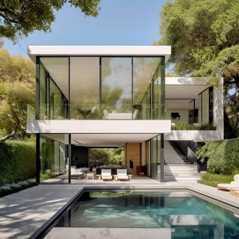 Modern villa with pool. Created with generative Ai technology.