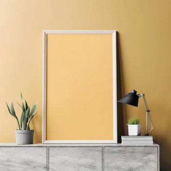 Mock up poster frame on cabinet over yellow wall. Background with copy space. Interior design of modern living room. Created with generative AI technology.