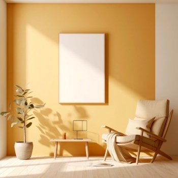 Recliner chair and white mock up poster frame on yellow wall. Interior design of modern living room. Created with generative AI technology.