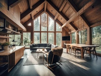 Wooden house in forest, Interior design of modern living room with vaulted ceiling. Created with generative AI technology.