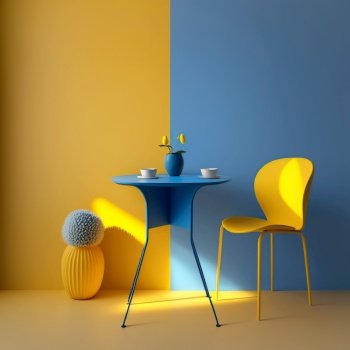 Yellow chair and blue coffee table against wall with copy space. Interior design of modern living room. Created with generative AI technology.