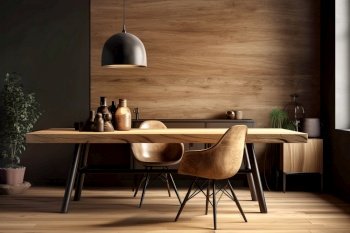 Chairs at wooden dining table. Interior design of modern dining room with black cabinet. Created with generative AI technology.