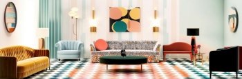 Mid-century glamourous interior design of living room. Created with generative AI technology.