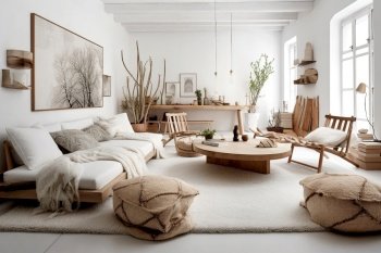 Rustic furniture in white living room. Interior design of modern home. Created with generative AI technology.