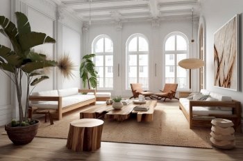 Interior design of modern living room with rustic furniture. Created with generative AI technology.