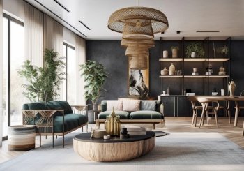 Scandinavian apartment. interior design of modern living room. Created with generative AI technology.
