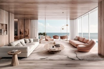 Interior design of modern living room in beach house on sea cost. Created with generative AI technology.