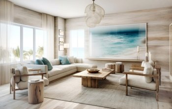 Interior design of modern living room in beach house. Created with generative AI technology.