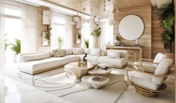 Luxury interior design of modern living room with wooden elements. Created with generative AI technology.