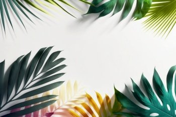 Beautiful palm leaves shaped as frame with copy space on white background. Created with generative Ai technology.