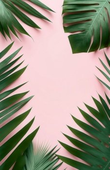 Beautiful palm leaves shaped as frame with copy space on pink background. Created with generative Ai technology.
