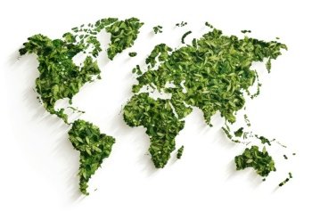 World map made from green leaves. Ecology and green environment concept. Created with generative Ai technology.