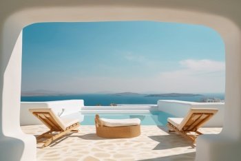 Two deck chairs on terrace with pool with stunning sea view. Traditional mediterranean white architecture with arch. Summer vacation concept. Created with generative Ai technology.
