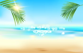Realistic summer beach tropical landscape with sea waves, palm leaves and sand, vector background. Ocean island, water lagoon and sun in sky, palm leaf and sunshine or sunlight flares in paradise. Realistic summer beach tropical landscape of sea