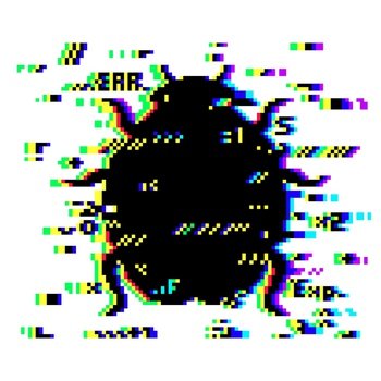Glitch bug, vector glitched distortion effect in shape of beetle with colored random pixels. Computer program or software error, hacker attack, malware or ransomware activity or virus damage. Glitch bug, vector glitched distortion effect
