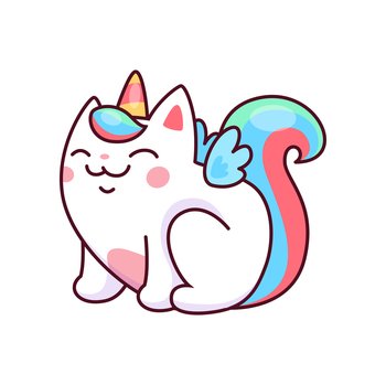 Cartoon cute caticorn character. Isolated vector fantasy animal personage with colorful tail, wings and horn. Funny magical kitten, kawaii magic cat, sweet unicorn kitty with smiling happy face. Cartoon cute caticorn character, fantasy animal