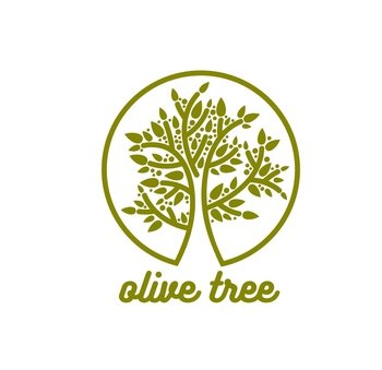Olive tree symbol for natural bio and organic food, vector icon of olive oil. Vegetarian and vegan cuisine emblem of label for extra virgin olive oil and seasoning products or Mediterranean food. Olive tree symbol for natural bio and organic food