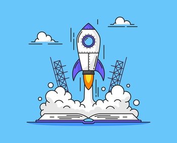 Rocket launch start up of cartoon spaceship, vector background. Space shuttle start up on book, education or business startup concept, achievement, career growth and space technology science. Rocket launch, start up spaceship, cartoon shuttle