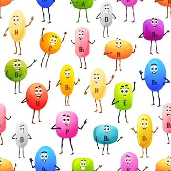 Cheerful vitamin characters seamless pattern. Vitamin pills or dragee cute personages fabric print or vector background, food supplement tablets happy characters vector wrapping paper background. Cheerful vitamin characters seamless pattern