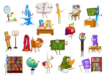 School supply stationery characters. Cartoon vector set funny apple, ruler, textbook and eraser, palette, scissors and compass, calculator, microscope and brush. Blackboard, pencil case, bag, glass. School supply stationery cartoon characters set
