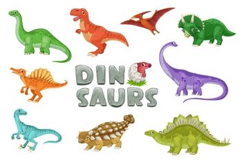 Cartoon dinosaur characters. Prehistoric reptile, Jurassic era comic dino. Tarbosaurus, Brontosaurus, Triceratops and Pterodactyl, Pteranodon, Spinosaurus, Diplodocus dinosaur vector funny personages. Cartoon dinosaurs characters, dino personages