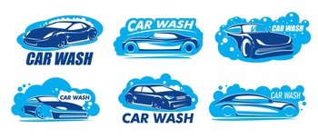 Car wash icons with vector clean autos, soap foam and bubbles. Carwash or auto wash service isolated blue symbols set of shining automobiles, motor vehicle cleaning service emblems and badges. Car wash icons with clean autos, foam and bubbles