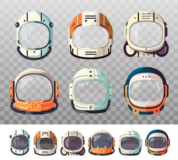 Photo booth, kids astronaut space helmets. Cute vector masks and helmets of spaceman spacesuit, spaceship and rocket pilot cartoon headwear. Head in hole props for space party, face mask app, stickers. Photo booth, kid astronaut space helmets and masks