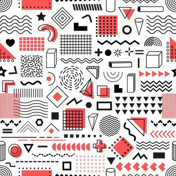 Memphis geometric, line art shapes seamless pattern. Wallpaper funky pattern, fabric or textile print vector seamless background or wrapping paper with colorful Memphis geometric figures or shapes. Memphis geometric, line shapes seamless pattern