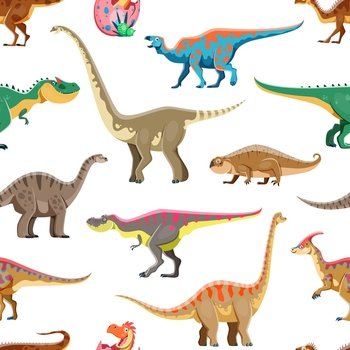 Funny dinosaur cartoon characters seamless pattern. Fabric vector pattern, print seamless background with Plateosaurus, Iguanodon, Omeisaurus and Hyperodapedon, Tarbosaurus, Vulcanodon dino personages. Funny dinosaur cartoon characters seamless pattern