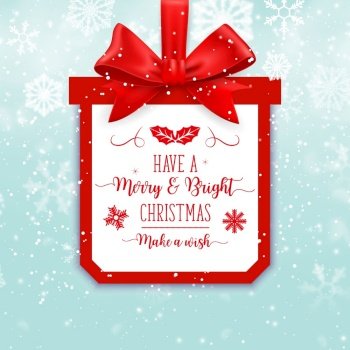 Christmas frame with red bow and snowflakes. Xmas celebration background or vector wallpaper. Christmas backdrop or banner with winter holiday gift box frame, snowflakes and handwritten typography. Christmas frame with red bow and snowflakes
