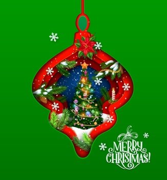 Christmas paper cut bauble with pine tree double exposition. Vector 3d effect frame in shape of Xmas toy with red poinsettia flower, green spruce tree branches, snowflakes, candy cane, candle and star. Christmas paper cut bauble with pine tree, vector
