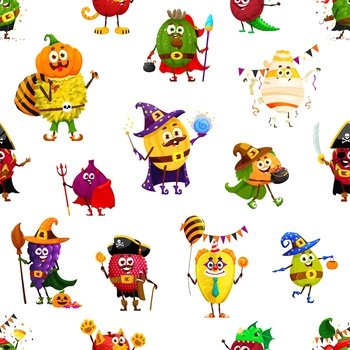 Seamless pattern of cartoon funny Halloween fruit characters in holiday costumes. Vector background of trick or treat jackfruit pumpkin, mango mummy, witch grapes, orange and melon witches personages. Seamless pattern of Halloween fruits characters