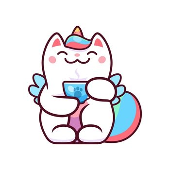 Cartoon kawaii caticorn, cat unicorn drinking tea or coffee from cup, vector pet character. Kids cute caticorn kitty holding hot drink cup in paws, funny cat unicorn for kawaii emoji emoticon. Cartoon kawaii caticorn, cat unicorn drinking tea