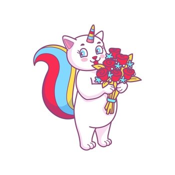Cute cartoon caticorn with flower bouquet, fairy character cat and unicorn fantasy animal. Playful kitten with rainbow tail, sweet magical caticorn. Cute cartoon caticorn with flower bouquet