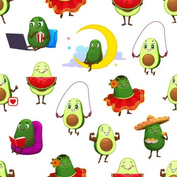 Cartoon Mexican avocado characters seamless pattern. Fabric seamless print or wrapper vector backdrop. Textile pattern with avocado cheerful personages eating chips, reading book and watching movie. Cartoon Mexican avocado character seamless pattern