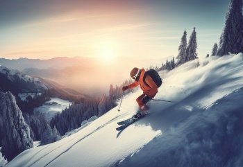 Skier Skiing in Deep Powder Snow. Mountains at Sunset. AI generated Illustration.