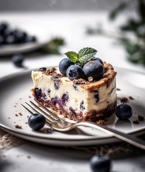 Blueberry Swirl Cheesecake slice . AI generated Illustration.